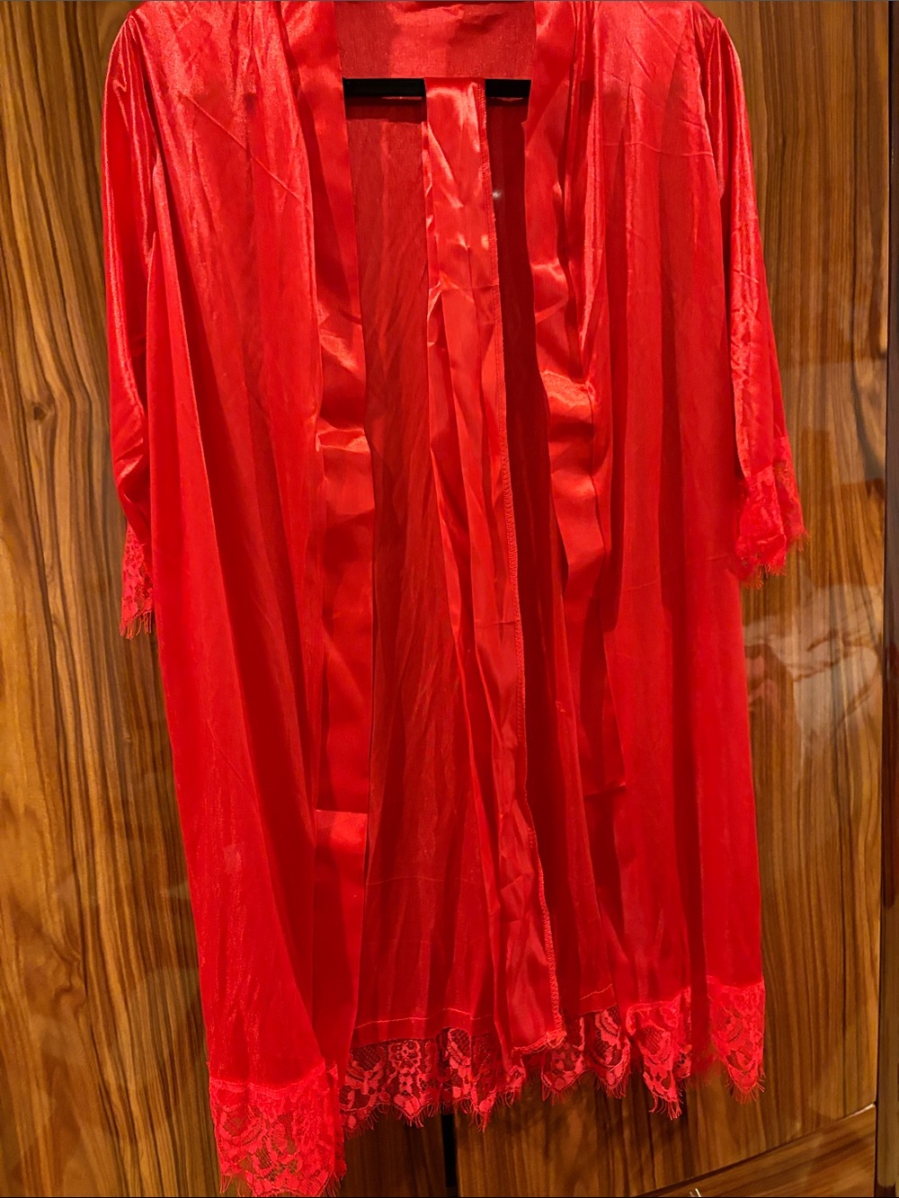 Red Satin Lace Trim Robe - Women Intimates & Sleepwear